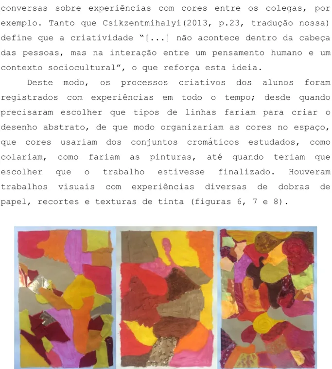 Figura 6: Fotomontagem de trabalhos com cores quentes – papéis, tecidos,  tinta. Acervo da autora