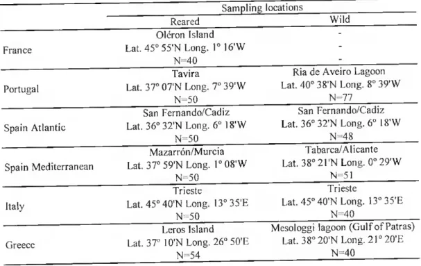 Table II - Sampling location, geographic coordinates and number ol individuais (N) in each  sample for Sparus aurala (both reared and wild)