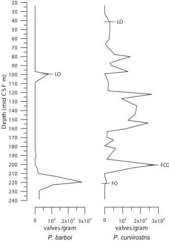 TABLE 3. Datums of P. curvirotris and P. barboi of Core U1340A with corresponding sample number, depth and age01062x1063x106valves/gramP