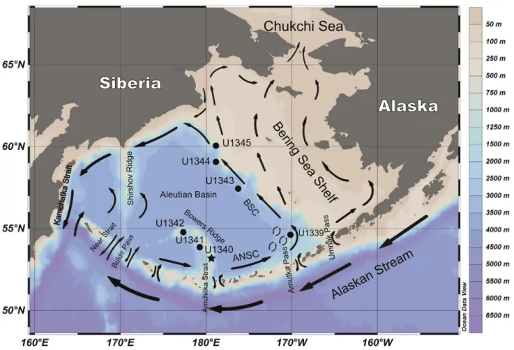FIGURE 1. Map of the Bering Sea with the location of Site U1340 (black star) and other sites (black circles) of the IODP Expedition 323