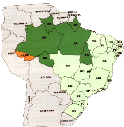 FIGURA 2 - LOCALIZAÇÃO DO ACRE NO BRASIL, NA AMAZÔNIA E NA  AMÉRICA DO SUL (FONTE: ZEE/AC, 2000) 