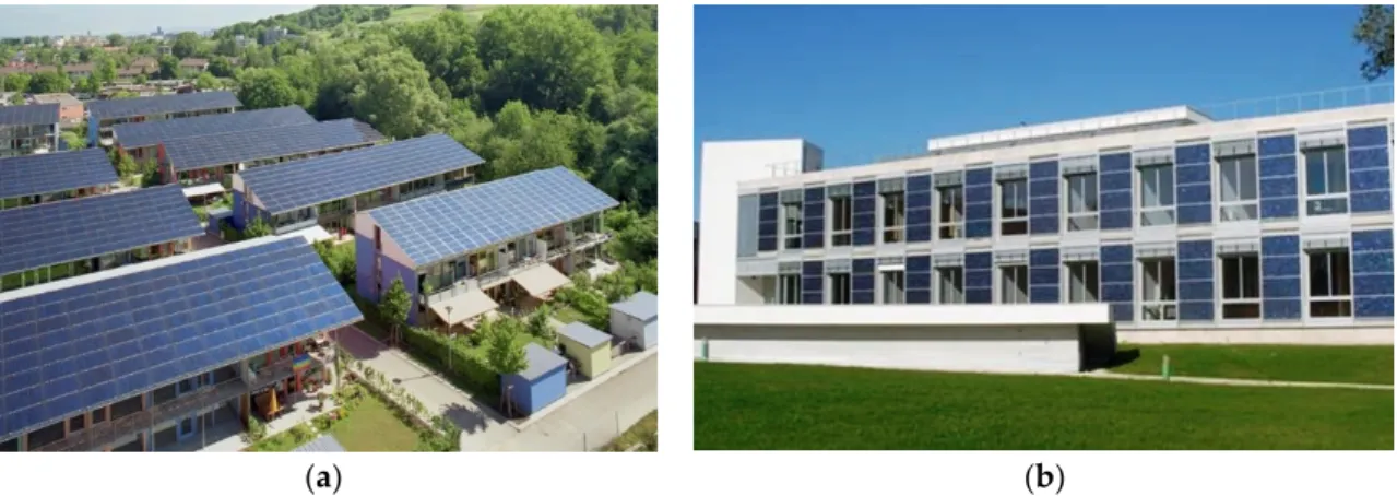 Figure 1. Two examples of high energy performance buildings: (a) solar settlement in Freiburg, Rolf  Disch Solar Architecture [2]; and (b) solar XXI, Net zero energy office building in Lisbon [3]