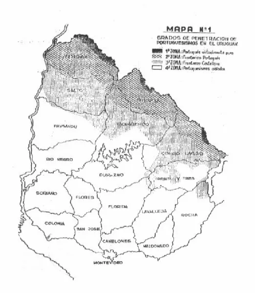 Fig II.1: Mapa com as regiões dialetais discriminadas por  Rona  (1963, 21). 