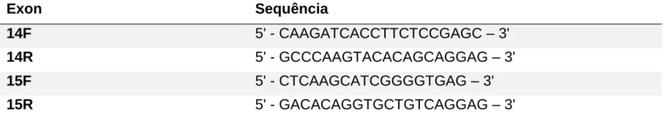 Tabela II - Primers utilizados para amplificação da região codificante do gene DVL1. Cada par de primer  amplifica um exon do gene DVL1 ou parte dele