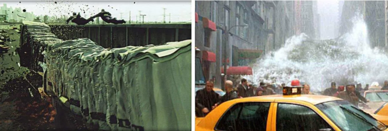 Figura 2: Simulação de Dinâmicas Entre Objetos (Esquerda, Filme “Matrix Reloaded”, 2003),   Simulação de Fluidos (Direita, Filme “The Day After Tomorrow”, 2004) 