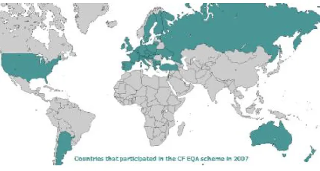 Figura 1: Mapa-mundo. Os países assinalados a azul são os países mais afectados pela Fibrose Quística