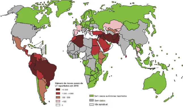 Figura 1: Distribuição mundial da leishmaniose tegumentar, 2015. Adaptado de WHO, 2017