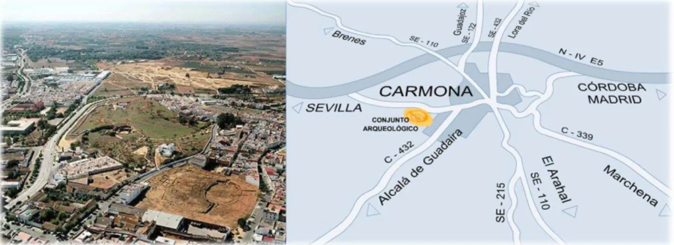 Figura 3 – Vista aérea do CAC e de Carmona e situação em mapa. 