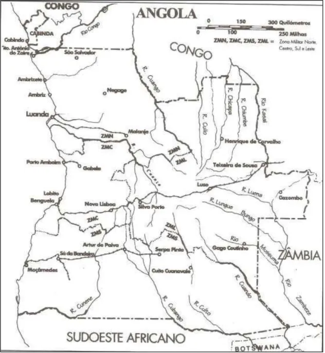 Figura n.º 2 – Divisão de Angola em Zonas Militares  Fonte: (Cann, 2005)
