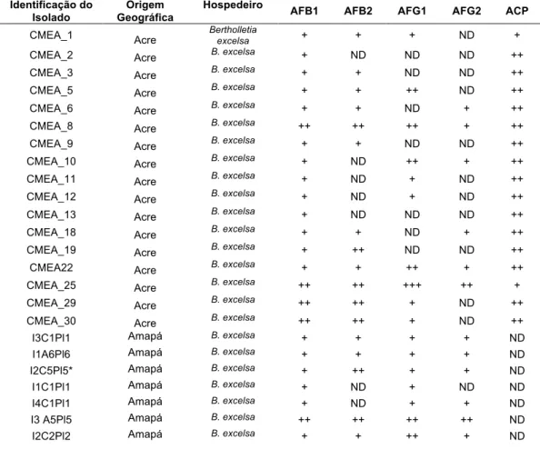 Tabela  4:  Caracterização,  por  meio  de  UPLC/MS/MS,  de  Aspergillus  da  seção  Flavi  aflatoxigênico