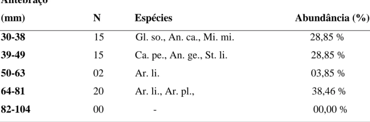 Tabela 9. Distribuição das espécies e abundância segundo o comprimento do antebraço  de morcegos capturados em cerrados sensu stricto degradados do Distrito Federal no  período de 2007-2008