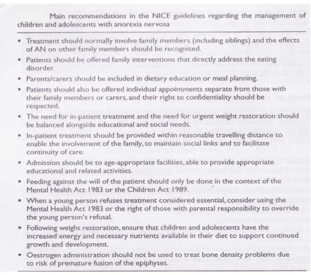 Tabela 2 - Recomendações do NICE guidelines para a gestão da anorexia nervosa em crianças e jovens Fonte:  LASK,  Bryan;  BRIANT-WAUGH,  Rachel  -  Management  of  early  onset  anorexia  nervosa,  2006,  p.238 