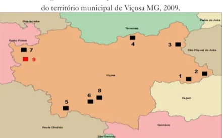 Figura 1 – Distribuição dos viveiros dentro   do território municipal de Viçosa MG, 2009.