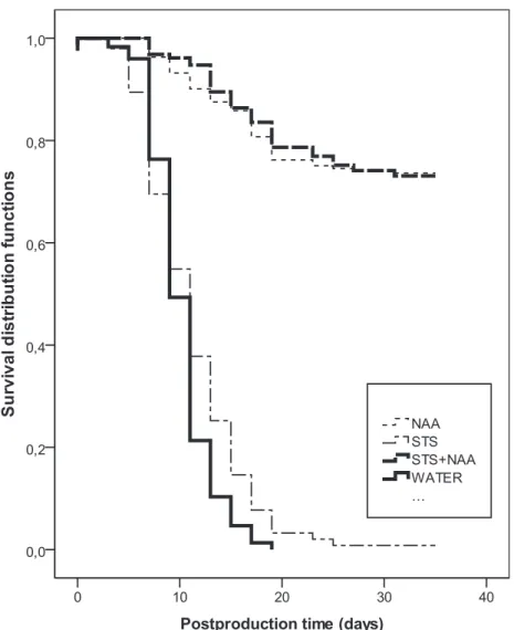 Fig. 1  –  Kaplan-Meier estimates survival functions describing probability that a bract  survive to time (t), in plants sprayed with WATER, STS, NAA and STS+NAA