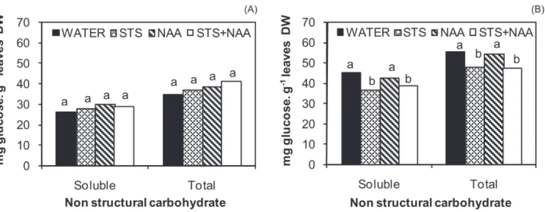 Fig. 4 – Leaf non structural carbohydrates: soluble and total for the different treatments  (WATER, STS, NAA and STS+NAA)
