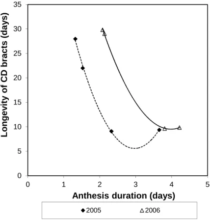 Fig. 2 – Relationship between anthesis duration and longevity of CD bracts in the different 