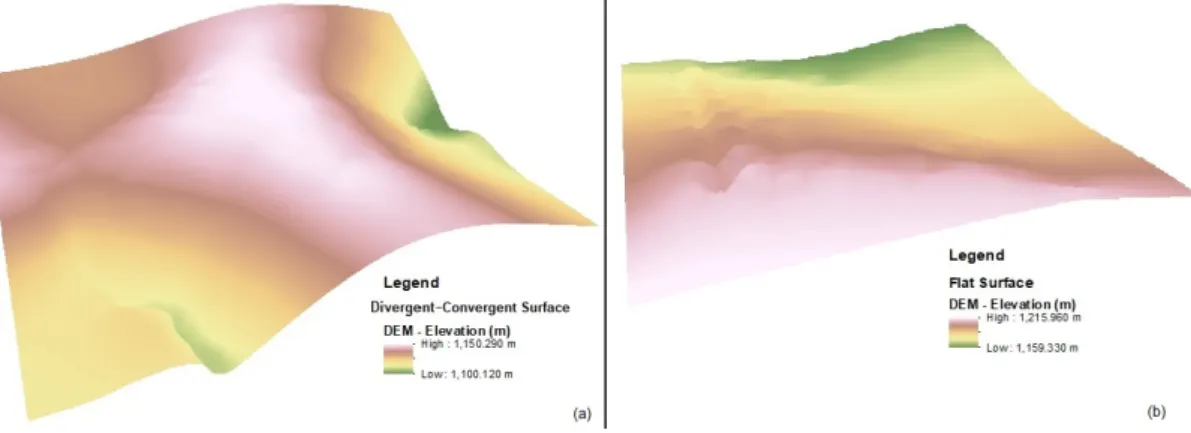 Figure 2. (a) Divergent-convergent surface digital elevation model (DEM), 3D ArcScene view; (b) flat  surface digital elevation model (DEM), 3D ArcScene view