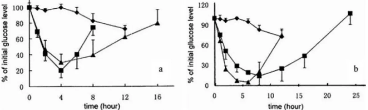 Figura 6 - Efeito hipoglicemiante após administração intratraqueal de: a) (▲) nanopartículas com dosagem de 10  UI/kg de insulina, (■) solução com dosagem de 10 UI/kg de insulina; b) (■) nanopartículas com dosagem de 20 UI/kg  de insulina, (▲) solução com 