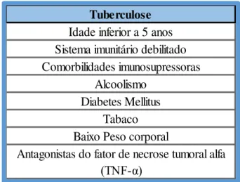 Tabela 9: Fatores de risco da TB (Brassard, 2011) (Pasternak, 2009) (Keane et al., 2001) (Leung  et al., 2007) (Slama et al., 2007) 