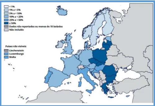 Figura 7: Percentagem de isolados invasivos de K. pneumoniae resistentes às cefalosporinas de 3ª geração  na Europa, adaptado de (Direção-Geral de Saúde, 2014) 