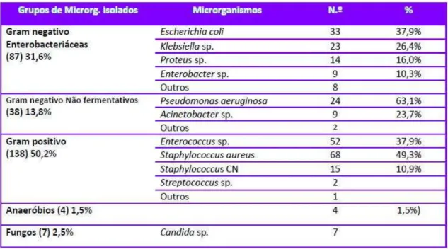 Tabela 5. Etiologia microbiana das infeções do local cirúrgico (Pina, Paiva, Nogueira, e Silva, 2013)