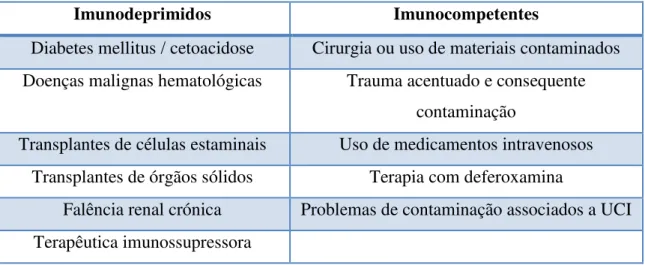 Tabela 6  –  Factores de risco para zigomicose, Adaptada (Anaissie et al., 2009) 