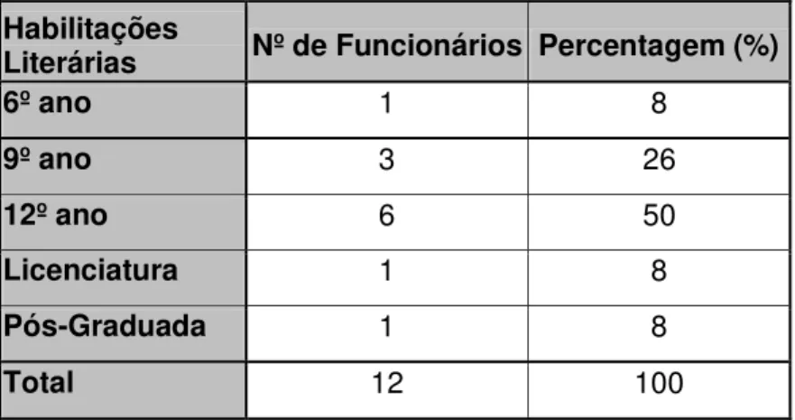 Tabela 6 - Distribuição do nº de funcionários conforme a sua habilitação literária 