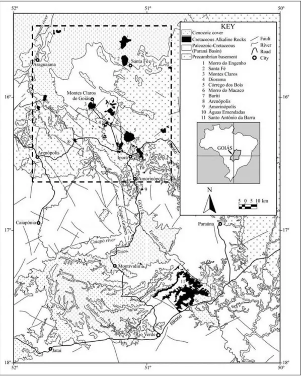 Figura  2.4  –  Mapa  geológico  da  Província  Alcalina  de  Goiás  (PAGO)  mostrando  as  rochas  vulcânicas, na porção sul, sub–vulcânicas e plutônicas na porção norte (Modificado de Lacerda  Filho et al