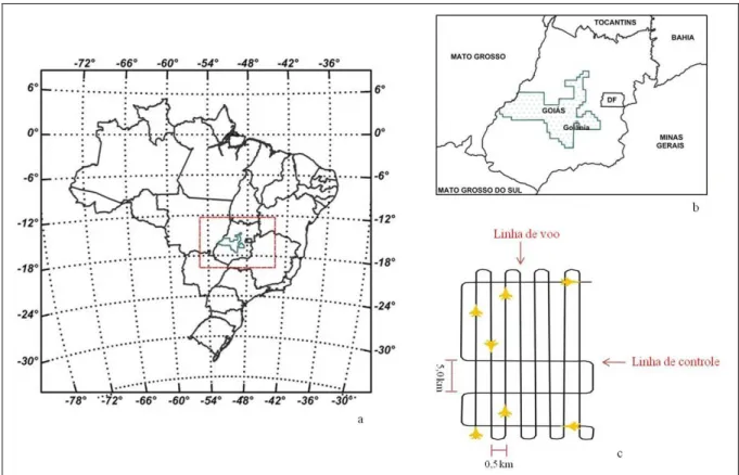 Figura 3.3 – (a, b) Localização da área do Projeto de Levantamento Aerogeofísico do Estado de  Goiás–1ª Etapa (LASA 2004)