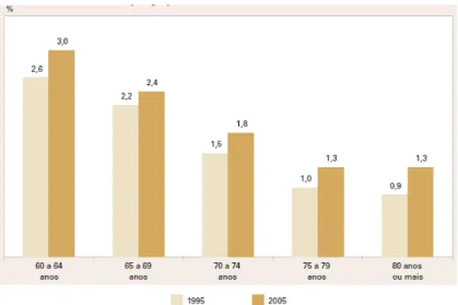 Gráfico 2.5 – Percentual de idosos por grupo de idade, Brasil, 1995/2005 