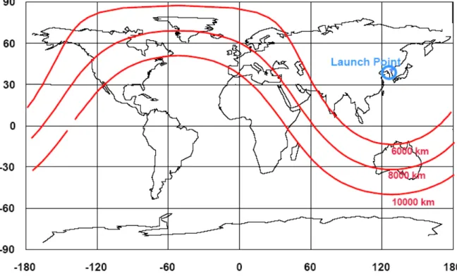 Figura 7 - Alcances de ICBM e IRBM lançados a partir da Coreia do Norte