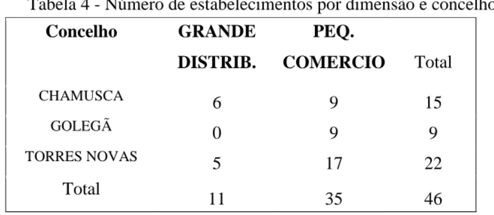 Tabela 4 - Número de estabelecimentos por dimensão e concelho 