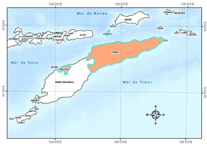 Figura 1  –  Localização da ilha de Timor-Leste (Fonte: adaptado de http://websig.civil.ist.utl.pt/timorgis/) 