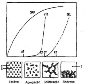 Figura 2 – Evolução das diferentes reacções que têm lugar na coagulação enzimática do leite  e representação esquemática da relação entre o número de micelas de caseína (C) por  molécula de enzima (E) e do estado de agregação (Fonte:Van Hooydonk &amp; Van 