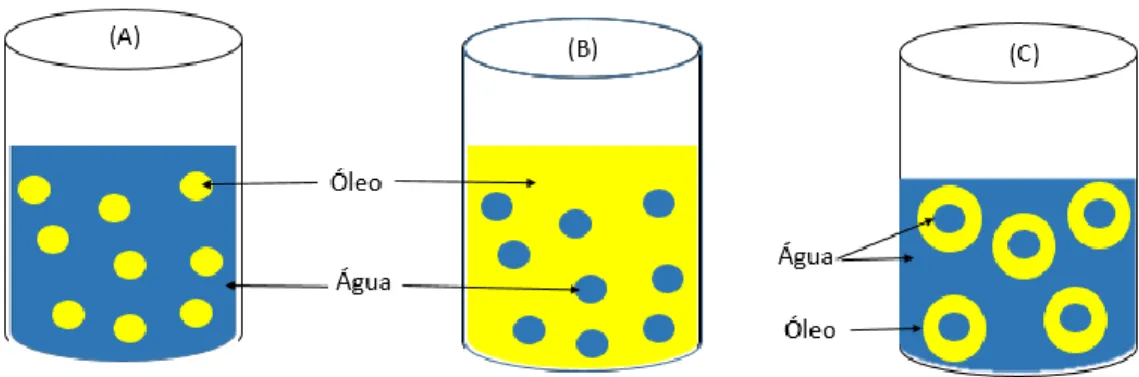 Figura  3- Repres entaç ão  de (A)  nanoemuls ão  aquos a na qual  o óleo  é dis pers o no  em  água; (B )  nanoemulsão  oleosa no  quais gotas  de  água são  dis pers as na  fas e  oleos a  e (C) nanoemuls ões   múltipla