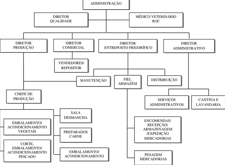 Figura 3: Estrutura Organizacional da ANN, II CHEFE DE PRODUÇÃO EMBALAMENTO/ ACONDICIONAMENTO VEGETAIS CORTE, EMBALAMENTO/ ACONDICIONAMENTO PESCADO SALA DESMANCHA PREPARADOS CARNE EMBALAMENTO/ ACONDICIONAMENTO ADMINISTRAÇÃO DIRETOR QUALIDADE  MÉDICO VETERI