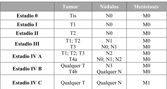 Tabela 2: Estadiamento de tumores malignos da cavidade oral e orofaringe. Adaptado de Ferreira, Sargento, Netto,  Antunes, &amp; Sousa, 2010
