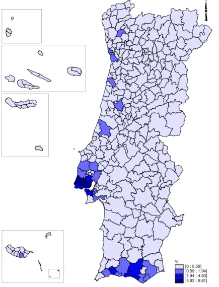 Figura 2 - Distribuição percentual população estrangeira, por município, Portugal, 2009  % [0 ; 0.59] ]0.59 ; 1.94] ]1.94 ; 4.83] ]4.83 ; 9.81] N