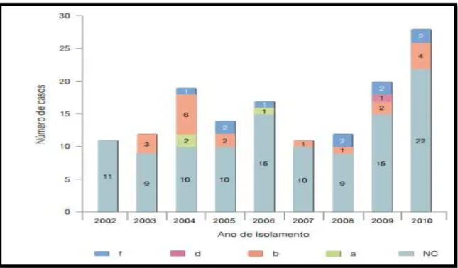 Figura 10- Distribuição dos serotipos de 144 doentes com infeção invasiva a  H. influenzae  entre  2002 e 2010