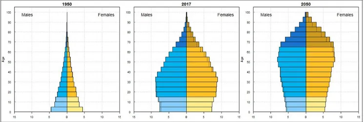 Figura 3. Pirâmides populacionais no Brasil em 1950, 2017 e 2050. Adaptado de United Nations,  2015