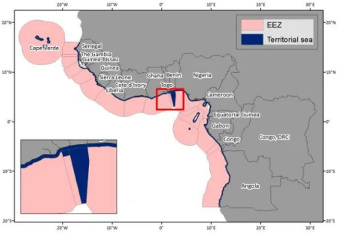 Fig. 2:  GoG maritime boundaries  The  Exclusive  Economic  Zone  (EEZ)  of  the GoG litoral countries sums up 3.3  mil-lion km 2 , first ranking Cape Verde, Angola  and Equatorial Guinea