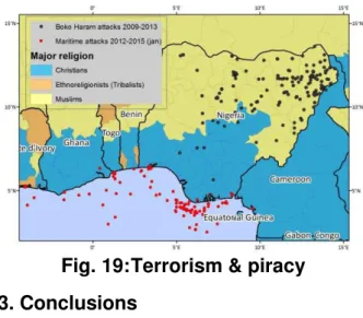 Fig. 17: Density of attacks in 2015  Considering  the  period  from  2012  to  May  2015,  the  density  of  attacks  analysis  shows that the hotspots of the GoG piracy  and  armed  robbery  assaults  are  four   an-chorage  sites  (Abidjan,  Lomé,  Lagos