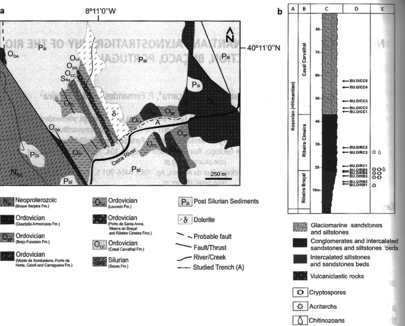 Figure 1. a, Simplified geological skecht map of the Bu~aco Region, Rio Ceira Section (adapted from Soares et aI., 2007), indicating the position of the studied trench (A)