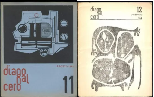 Figura 2 - Capa das edições nº. 5-6; nº. 9-10; nº. 11 e nº. 12 de Diagonal Cero, por Edgardo Vigo, La  Plata, Argentina, 1964