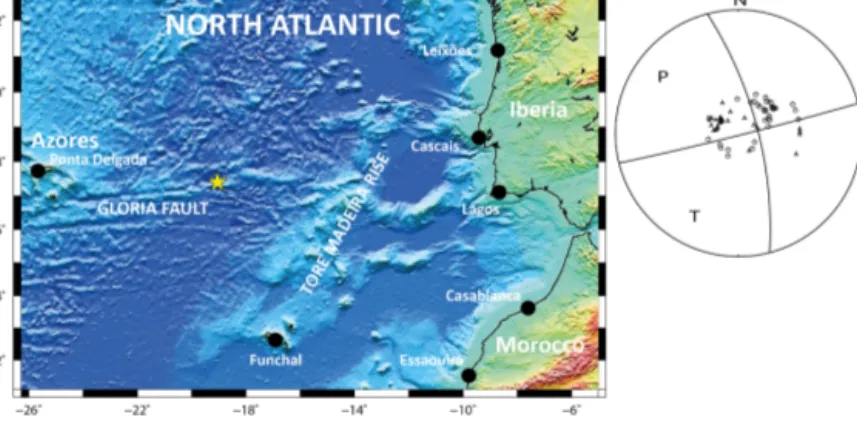 Figure 1. General overview of the Northeast Atlantic at the latitude of Iberia and focal mechanism of the earthquake