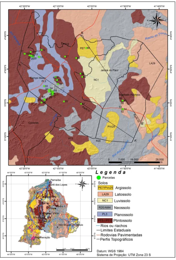 Figura 16: Mapa de solos da sub-bacia do rio  Longá (PI),  com disposição das parcelas levantadas  neste  estudo  (Cerrado  rupestre  das  Serras  de  Bugarim  e  Passa-Tempo  (1-10);  Carnaubal  (11-20); 