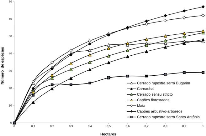 Figura  21  :  Curva  espécie-área  para  as  diferentes  fitofisionomias  do  Complexo  Vegetacional  de  Campo Maior, PI