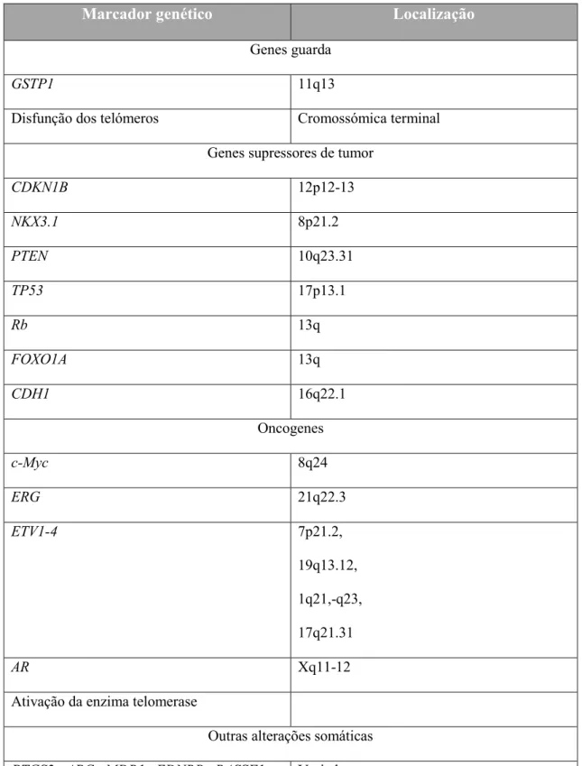 Tabela 4: Alterações genéticas e epigenéticas somáticas comuns no CP (adaptada de De Marzo et al., 2007)