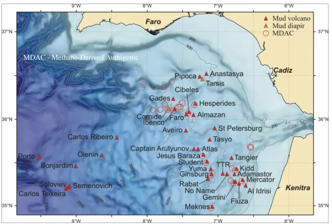 FIGURA B-2 - Mapa ilustrativo da ocorrência de hidratos de metano a nível nacional (Pinheiro, 2007)