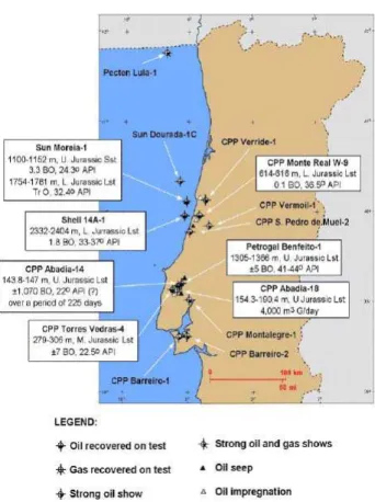 FIGURA B-5 - Mapa ilustrativo das prospecções de hidrocarbonetos onde os resultados obtidos foram mais  significativos (DGEG, 2009a)